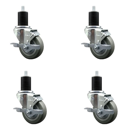 Service Caster 3.5'' Gray Poly Swivel 1-3/4'' Expanding Stem Caster Set with Brake, 4PK SCC-EX20S3514-PPUB-TLB-134-4
